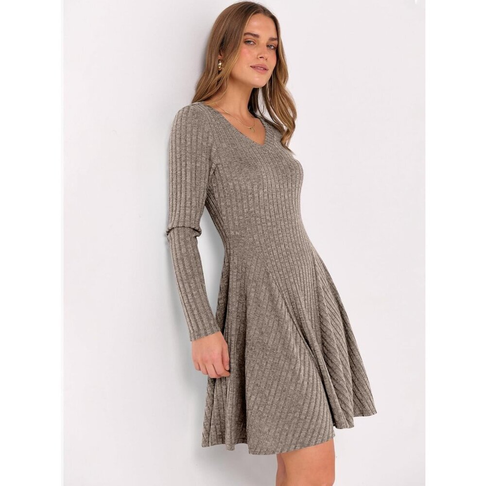 Women's Long Sleeve Ribbed Short Dresses V Neck Swing Sweater Dress Ash Brown - Picture 5 of 7